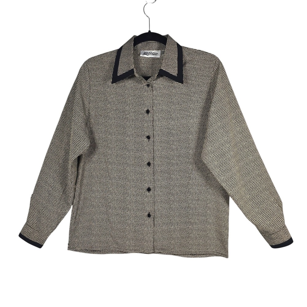 VTG Yves St. Clair Womens Black Cream Geometric Print Button Down Blouse Size 10